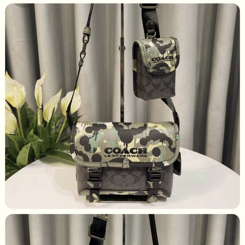 Coach Camo Print Bag Signature Canvas Leather Green/ Charcoal Color
